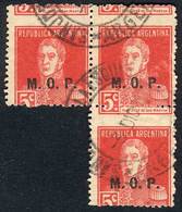 ARGENTINA: GJ.483, Block Of 3 With Very Shifted Perforation VARIETY, Very Nice! - Servizio