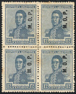 ARGENTINA: GJ.532, 1920 12c. San Martín With Multiple Suns Wmk, M.O.P. Overprint, Very Rare Mint Block Of 4, With Staine - Servizio