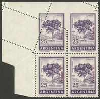 ARGENTINA: GJ.759, 25P. Quebracho Tree, Corner Block Of 4 With Spectacular Perforation Variety, Excellent! - Oficiales