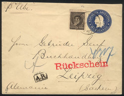 ARGENTINA: 12c. Liberty Stationery Envelope + GJ.182 (total 36c.), With AR To Germany, Arrival Backstamp, VF Quality! - Other & Unclassified