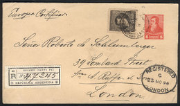 ARGENTINA: 3/NO/1896 Rosario - England, 5c. Stationery Envelope Uprated With 24c. (GJ.182), And Sent By Registered Mail  - Other & Unclassified