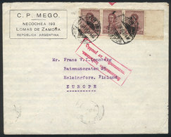 ARGENTINA: 21/JUN/1919 Buenos Aires - FINLAND, Cover Franked With 12c. (GJ.461 Strip Of 3) With Rare Finnish Censor Mark - Other & Unclassified