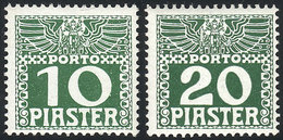 AUSTRIA - LEVANT: Sc.J12a + J13a, 1908 10Pi. And 20Pi. Printed In DARK Green On Chalky Paper, MNH, Excellent Quality! - Other & Unclassified