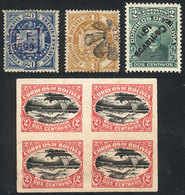 BOLIVIA: LOT OF FORGERIES: Small Lot Of 3 Stamps With Forged Overprints And A Block Of 4 Of Sc.113d (imperforate And Cen - Bolivie