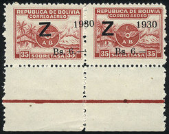 BOLIVIA: Sc.C26, Pair With Spectacular Variety: Left Overprint Shifted To The Right, Partially Over The Neighboring Stam - Bolivien