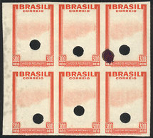 BRAZIL: Sc.447, 1937 Botanical Garden In Rio, PROOF Of The Frame, MNH Block Of 6 With Punch Hole In The Center, VF And R - Sonstige & Ohne Zuordnung