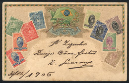 BRAZIL: Old Postcard Illustrated With Stamps And Coat Of Arms Of Brazil, Very Nice! - Other & Unclassified