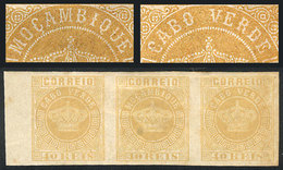CAPE VERDE: Sc.13c, 1881/5 40r. Yellow, Imperforate Strip Of 3, The Middle Stamp Inscribed With "Mozambique" ERROR, Mint - Cape Verde