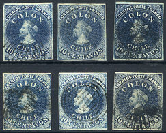 CHILE: Yvert 6 (Sc.10) And Its Color Varieties, 1856/66 10c. Santiago Print (Estancos), 6 Examples Of 4 Margins, Range O - Chili