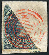 CHILE: Yvert 6c (Sc.10n), 10c. Bisect On Fragment With Nice Red Cancel '6 Bars Inside Circles', Rare, Excellent Quality! - Chile
