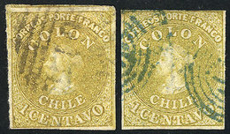 CHILE: Yvert 7, 1862 1c. Lemon Yellow And Green-yellow (Sc.11 And 11b), Postally Used, With 4 Complete Margins, VF Quali - Chile