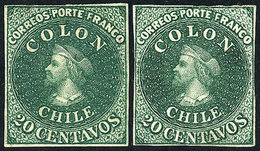 CHILE: Yv.10 (Sc.13), 1861 20c. Green, 2 Mint Examples, Different Shades, Both With 4 Margins But One With Small Thin On - Chili