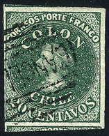 CHILE: Yvert 10 (Sc.13), 1861/7 20c. Green, Fantastic Example With Huge Margins (with Part Of Neighboring Stamps), Super - Chili