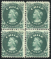 CHILE: Yvert 15 (Sc.19), 1867 Colombus 20c. Green, Block Of 4 Mint Original Gum (actually These Are 2 Vertical Pairs, Be - Chile