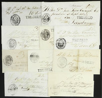 PERU: 10 Folded Covers With Clear Strikes Of Straightline "TRUJILLO" In Black, Varied Ratings And Destinations, VF Gener - Peru