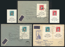 POLAND: Sc.B102/3, 1955 Poznan Stamp Exhibition, A Set Of 2 MNH Souvenir Sheets + 2 Sets Franking Covers Sent To Argenti - Andere & Zonder Classificatie