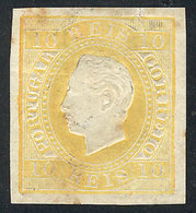 PORTUGAL: Sc.35a, 1870 10r. Yellow IMPERFORATE, Mint Original Gum, With Stain Spots On Back, Rare! - Other & Unclassified