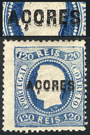 PORTUGAL - AZORES: Sc.14, 1868/70 120r. Blue With Variety: DOUBLE OVERPRINT, Mint Original Gum, VF Quality! - Açores