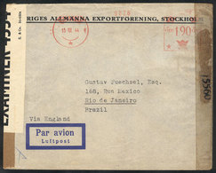 SWEDEN: Airmail Cover Sent From Stockholm To Brazil On 15/AU/1944, With Meter Postage And Double Censor, VF! - Lettres & Documents