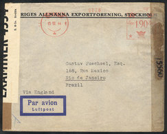 SWEDEN: Airmail Cover Sent From Stockholm To Brazil On 15/AU/1944, With Meter Postage And Double Censor, VF! - Brieven En Documenten