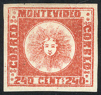 URUGUAY: Yvert 6, 1858 240c. Red, Mint Without Gum, Wide Margins, Excellent Quality! - Uruguay