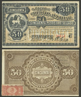 URUGUAY: Banknote Of 50 Pesos Oro Of Banco De Crédito Auxiliar, With Revenue Stamp Of 10c. On Back, VF! - Uruguay
