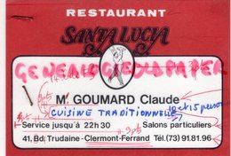 63- CLERMONT FERRAND - RARE CARTE PUB RESTAURANT SANTA LUCIA - CLAUDE GOUMARD-41 BD TRUDAINE - Werbung