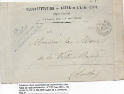 1874 - ENVELOPPE De La RECONSTITUTION DES ACTES DE L'ETAT-CIVIL Avec MARQUE De FRANCHISE BLEUE RARE - IND 15 - Frankobriefe