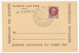 FRANCE - Carte-lettre Illustrée - Journée Du Timbre 1943 VALENTIGNEY - Affr 1,50 Bersier, Cachet Temporaire - Stamp's Day