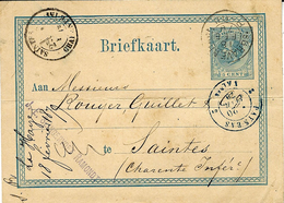 1879- C P EP 5 Cent To Saintes ( France ) Entrée PAYS BAS 2 VALnes 2  Bleu - Entry Postmarks