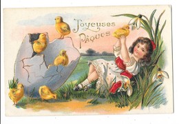 JOYEUSES PAQUES Carte Fantaisie Gaufrée Fillette Robe Blanche Oeuf Poussins - Other & Unclassified