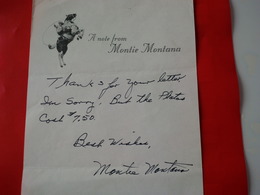 AUTOGRAPHE MONTIE MONTANA SUR PAPIER A ENTETE A NOTE FROM MONTIE MONTANA - Andere & Zonder Classificatie