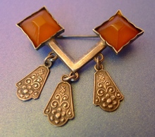 Latvia Old Jewelry Orange Baltic Amber Gems SILVER 875 BROOCH PIN Marked RG1 #2k - Ethnisch