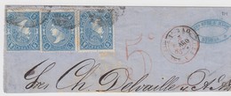 LETTRE FRAGMENT. ESPAGNE. 8 AOUT 1865. 4c X 3. BILBAO. ENTREE ESP. ST JEAN DE LUZ 3 AMB.A. TAXE ROUGE TAMPON 5c /  2 - ...-1840 Precursori