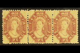 TASMANIA  1869 6d Reddish Mauve, Perf 12, Wmk Double Lined Numerals, SG 76, Superb Never Hinged Mint Strip Of 3. Lovely  - Sonstige & Ohne Zuordnung