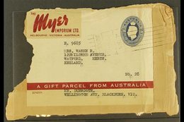 1946  5s10d Myer Emporium Food Parcel Label Addressed To England Tied To Piece By Melbourne Roller Datestamp, Vertical C - Andere & Zonder Classificatie