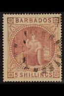 1873  5s Dull Rose, Wmk Small Star, SG 64, Used Neat "boot-heel" Cancel, Imperceptible Corner Crease At Bottom Left, Cat - Barbados (...-1966)