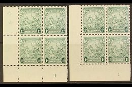 1942  1d Green Badge Of The Colony, The Two Perfs SG 249b And 249bc, In Matching Lower Left Corner Plate Number Blocks O - Barbados (...-1966)