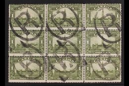 1928-29  $1 Olive-green Parliament Buildings, SG 285, Used BLOCK Of 9 Cancelled By Large "R" In Oval Registration Cancel - Autres & Non Classés
