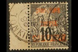 INDO-CHINA  POSTAGE DUES - 1891 10c Black On Lilac Ovptd (12mm), Yv 2, Superb Used With Gutter Showing Full Tonkin Cds.  - Other & Unclassified