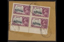 1935 SILVER JUBILEE VARIETY  1s Slate & Purple Marginal Block Of 4 Tied To A Small Piece Bearing The "EXTRA FLAGSTAFF" V - Gibraltar