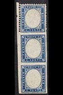 1862  20c Indigo, Vertical Marginal Strip Of 3, The Top Stamp Perforated On 3 Sides, The Bottom 2 Stamps Without Perfora - Non Classés
