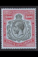 1921-33  $100 Black And Carmine / Blue, Wmk Mult Script CA, SG 240c, Superb Very Lightly Hinged Mint Example. Excquistet - Straits Settlements