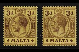 1914-21  3d Purple On Orange Buff, SG 78a, Plus SG 78, Fine Mint. (2) For More Images, Please Visit Http://www.sandafayr - Malta (...-1964)