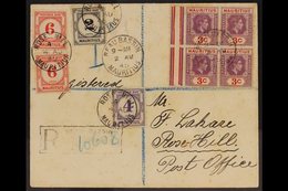 1945  (2 Aug) Env Registered From Beau Bassin To Rose Hill Bearing A Block Of 4 X 3c Reddish Purple & Scarlets With The  - Maurice (...-1967)