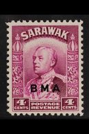 1945 RARE OVERPRINT VARIETY.  4c Bright Purple "BMA" OVERPRINT DOUBLE ONE ALBINO Variety, SG 129a, Very Fine Mint, Very  - Sarawak (...-1963)