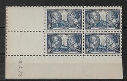 PHOTOGRAPHIE - 1939 - YVERT N° 427 ** MNH BLOC De 4 COIN DATE - COTE = 103 EUR. - 1930-1939