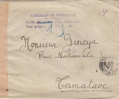 LETTRE. MADAGASCAR. 1944. TANANARIVE POUR TAMATAVE. TAXE DE FORTUNE POSTE 1,50Fr + BANDE ET CACHET CENSURE / 2 - Brieven En Documenten