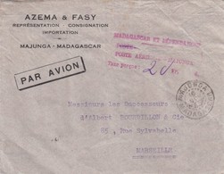 LETTRE. MADAGASCAR. 1945. PAR AVION. MAJUNGA POUR MARSEILLE. TAXE DE FORTUNE POSTE AERIENNE 20Fr  / 2 - Lettres & Documents