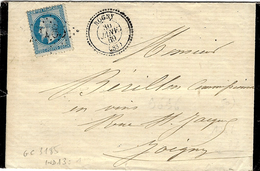 1869- Lettre De ROGNY ( Yonne ) Cad T22 Affr. N°29 Oblit. G C  3185 - - 1849-1876: Classic Period